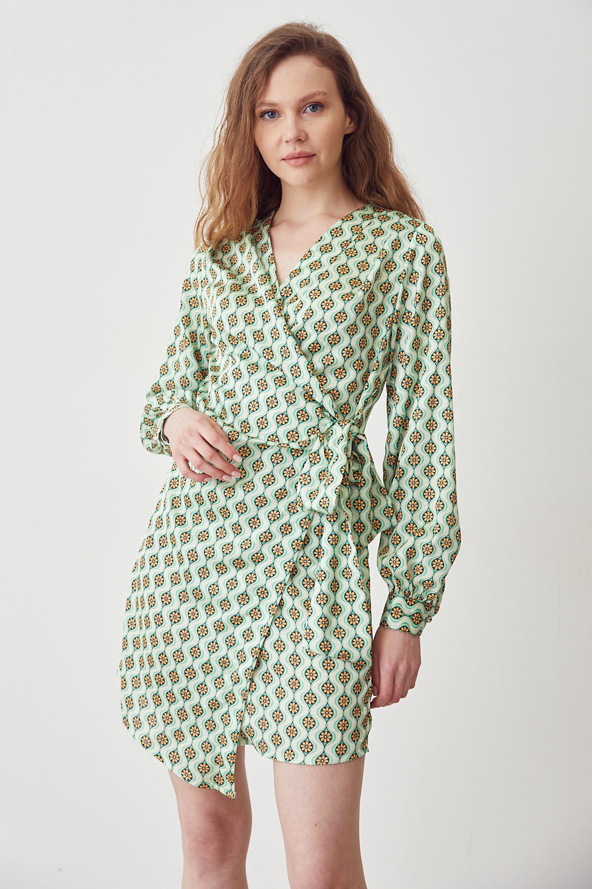Bağlamalı Saten Elbise-Yeşil