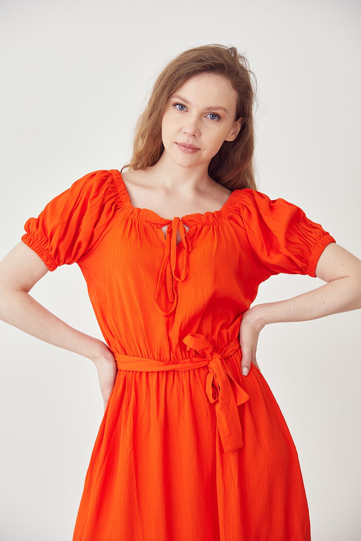 Eteği Volanlı Elbise-Oranj