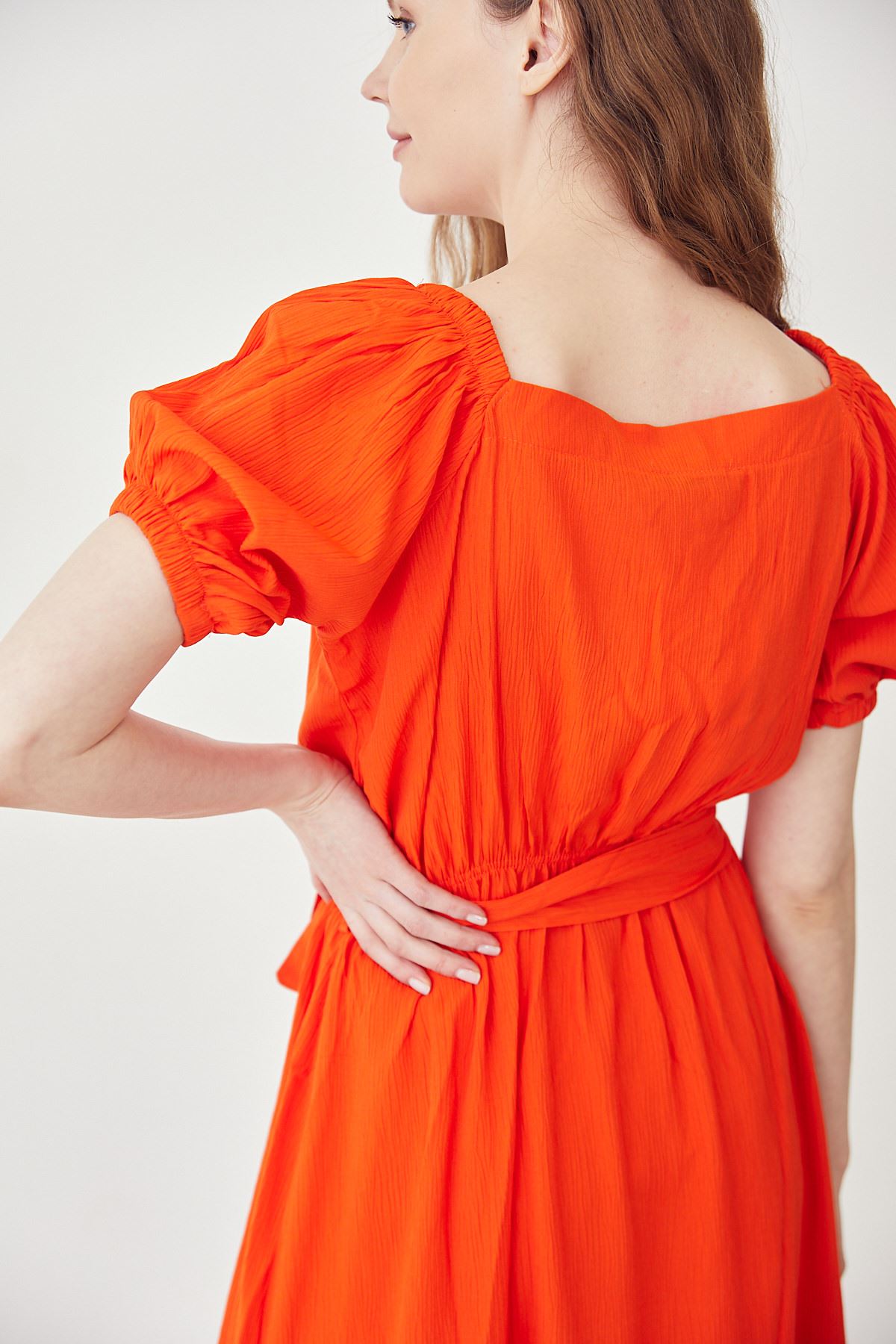 Eteği Volanlı Elbise-Oranj