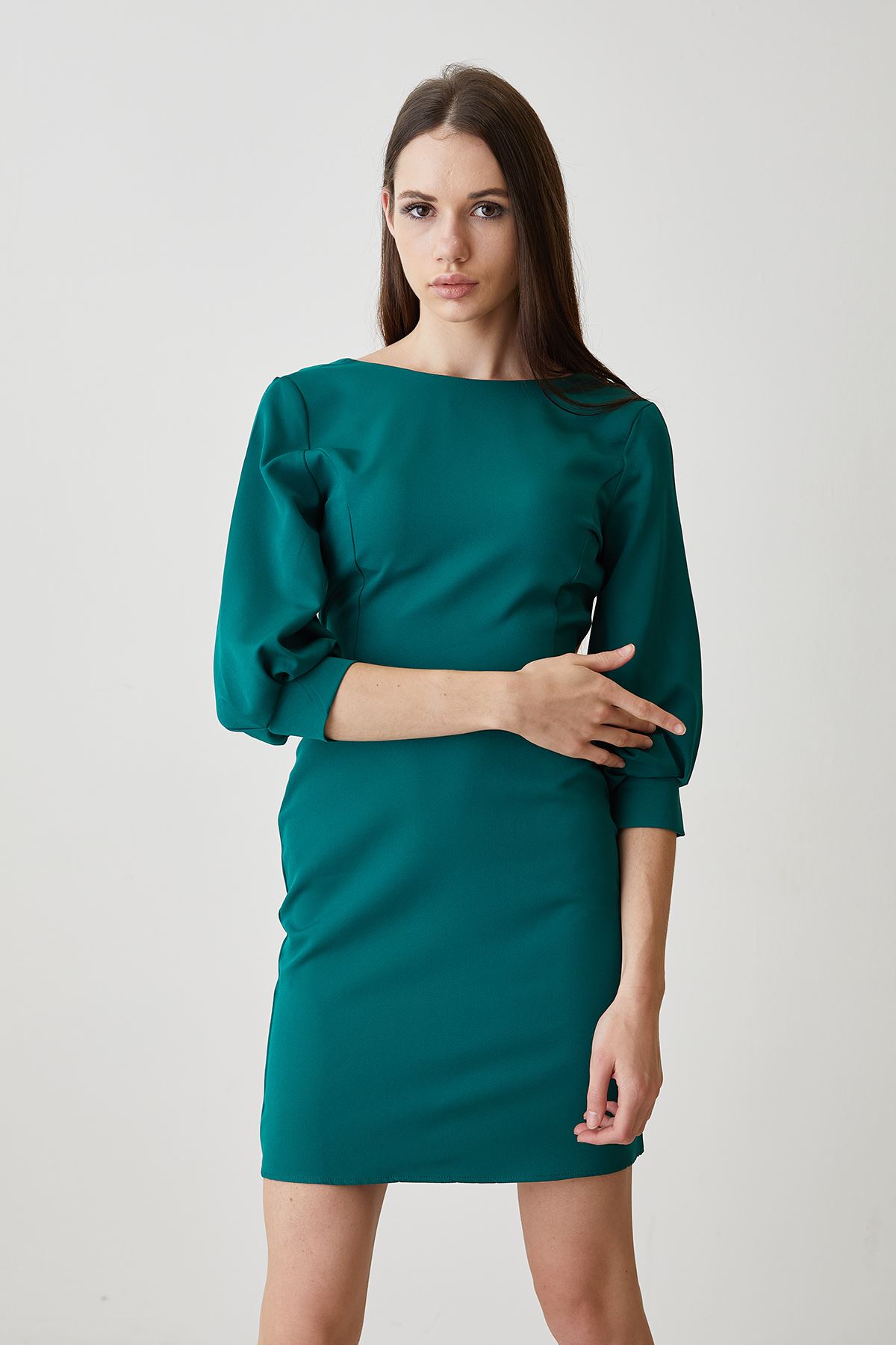 V Yaka Bağlamalı Elbise-Yeşil