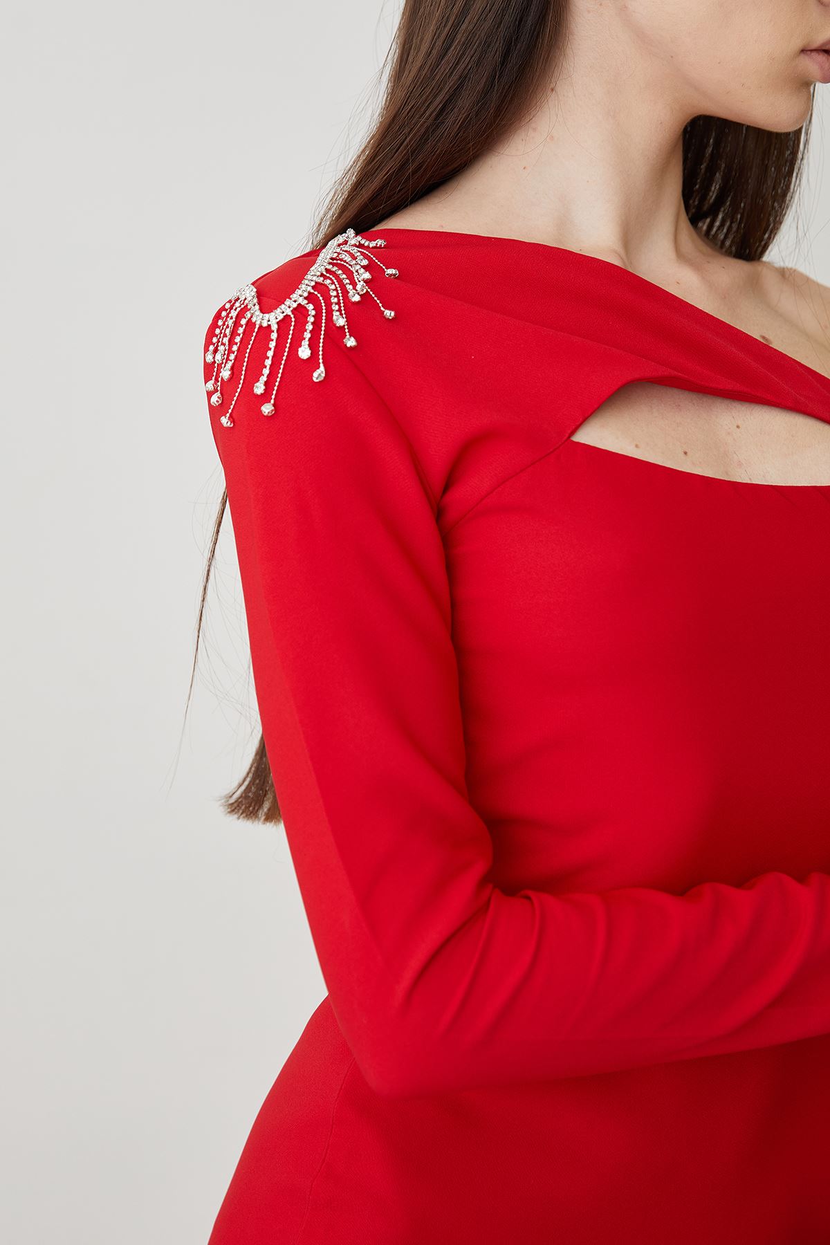 Taş Detay Elbise-Kırmızı