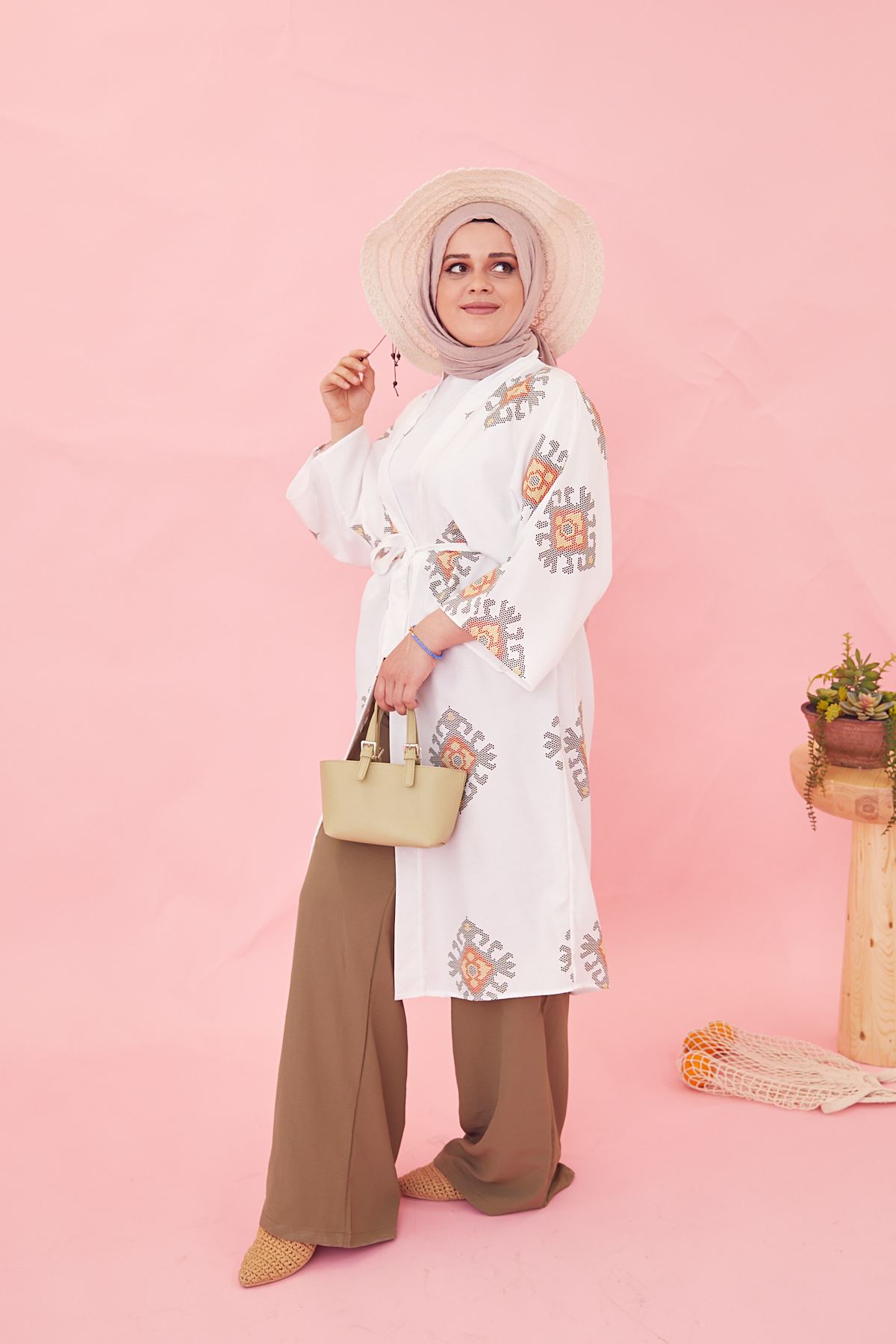 Desenli Kuşak Detay Kimono Ceket-Haki