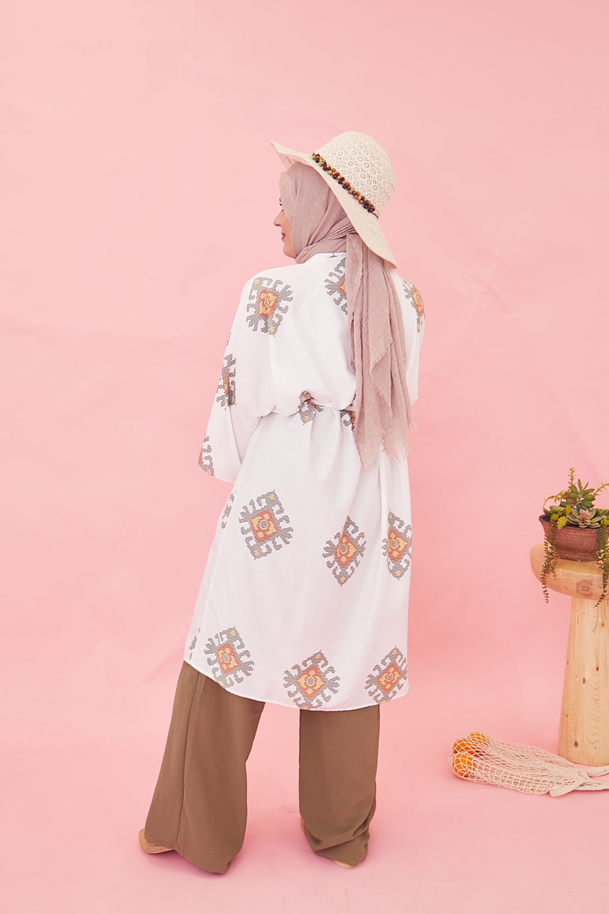 Desenli Kuşak Detay Kimono Ceket-Haki