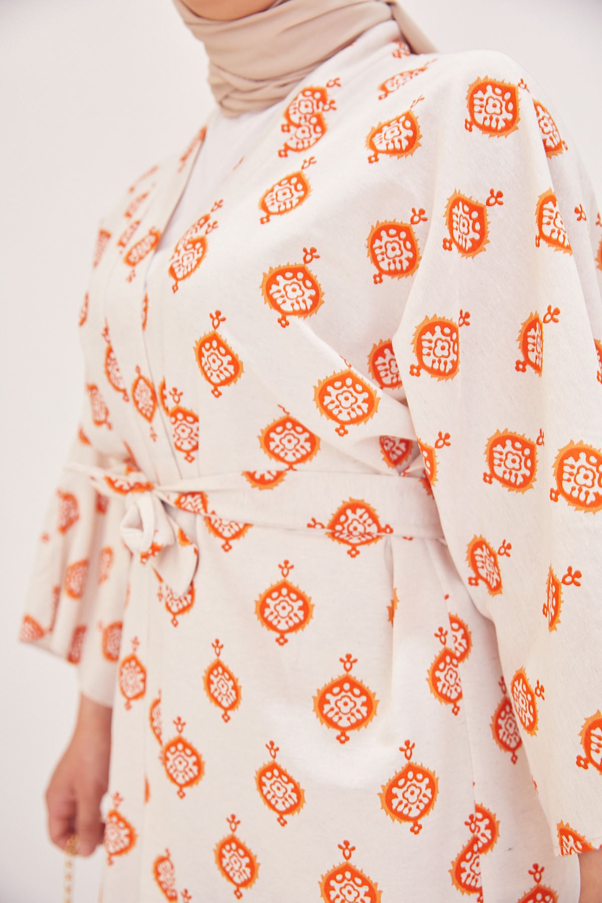Desenli Keten Kimono-Oranj
