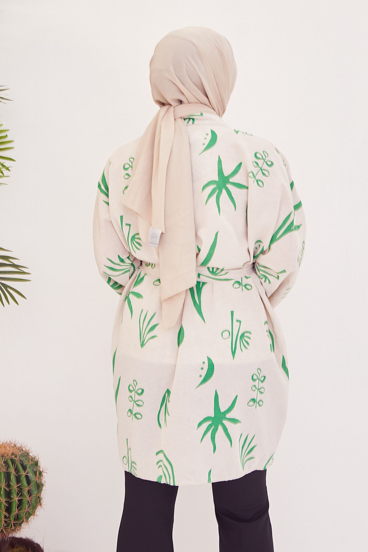 Desenli Kuşak Detay Kimono Ceket-Yeşil