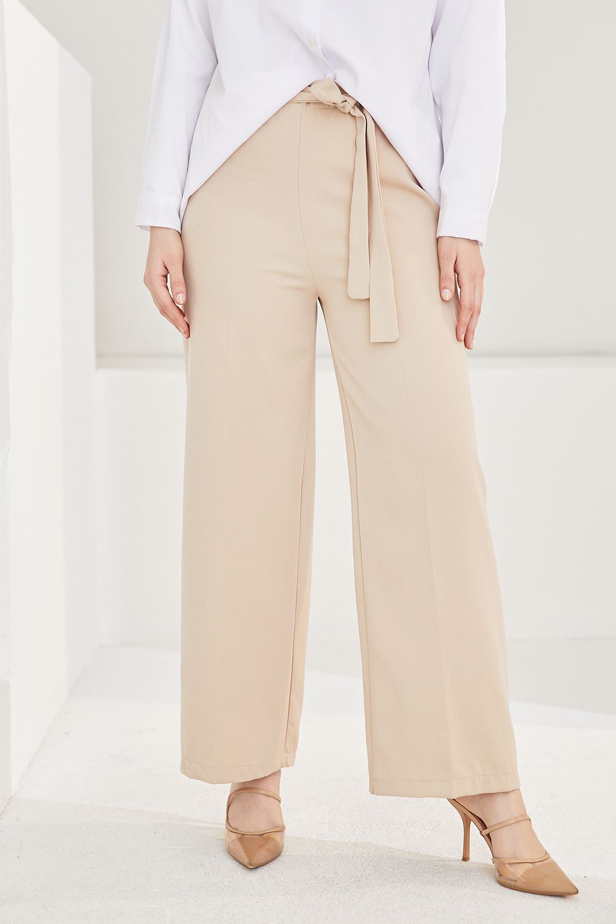 Bel Lastik Detaylı Bol Pantolon-Taş