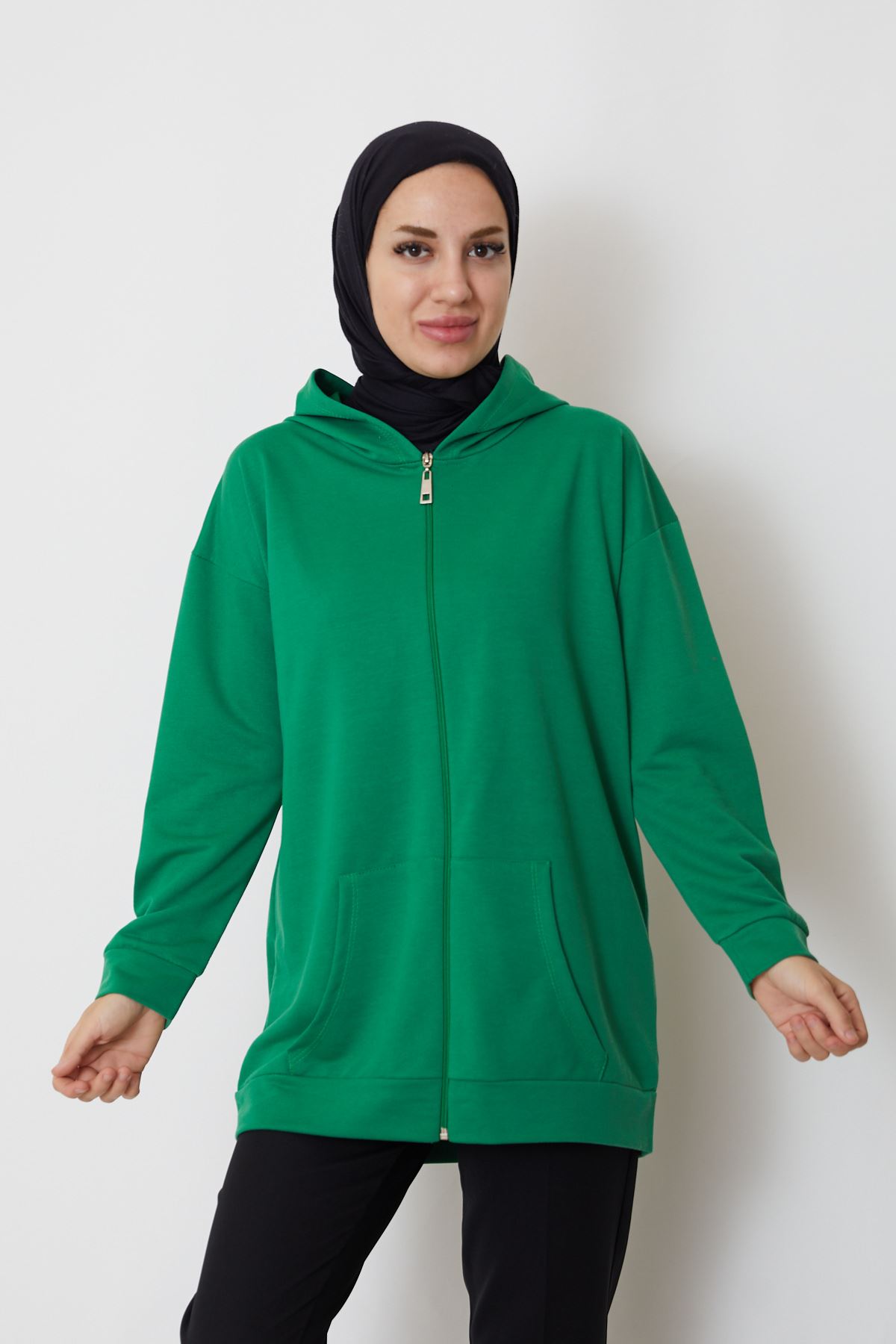 İki İplik Fermuarlı Sweatshirt-Yeşil