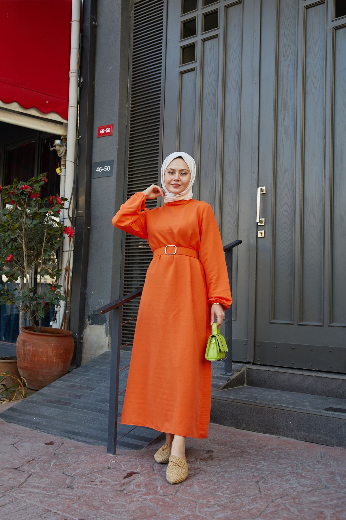 Hakim Yaka Fermuar Detay Elbise-Oranj