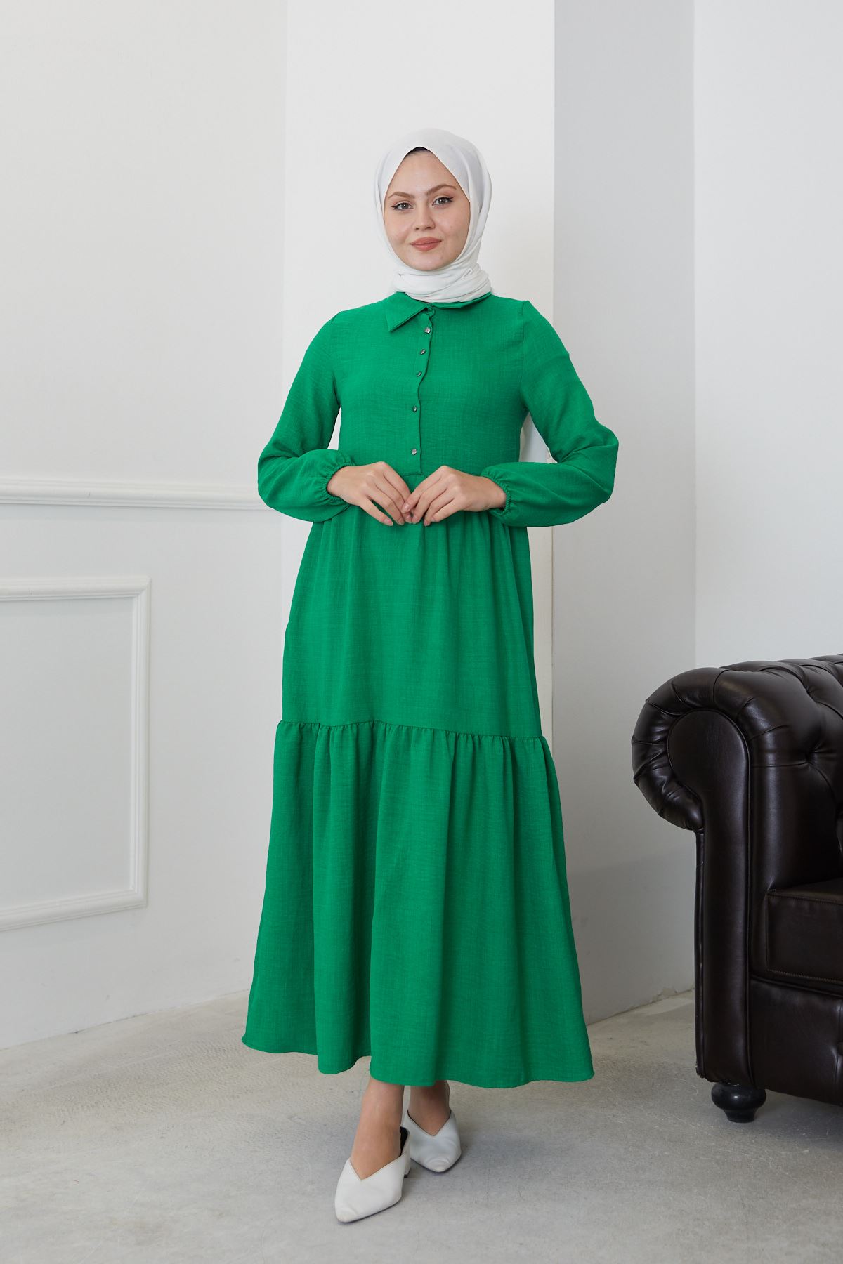 Patlı Büzgülü Elbise-Yeşil