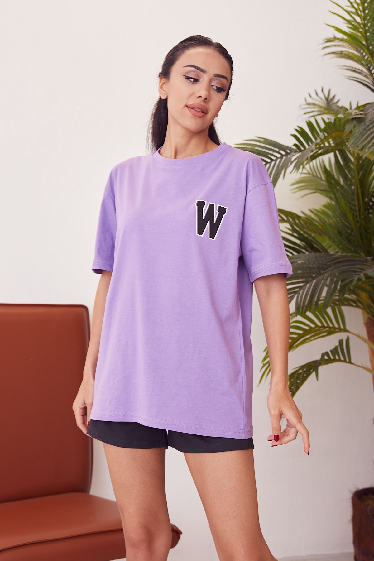 W Baskılı T-shirt-Mor