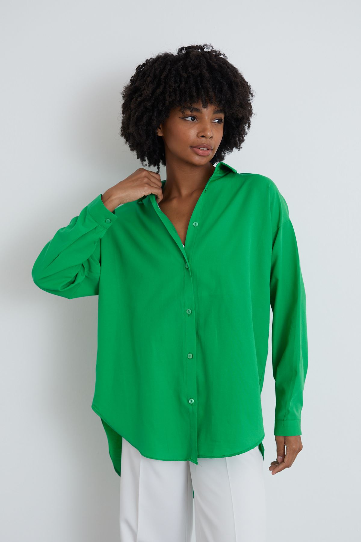 Düğmeli Poplin Gömlek-Yeşil