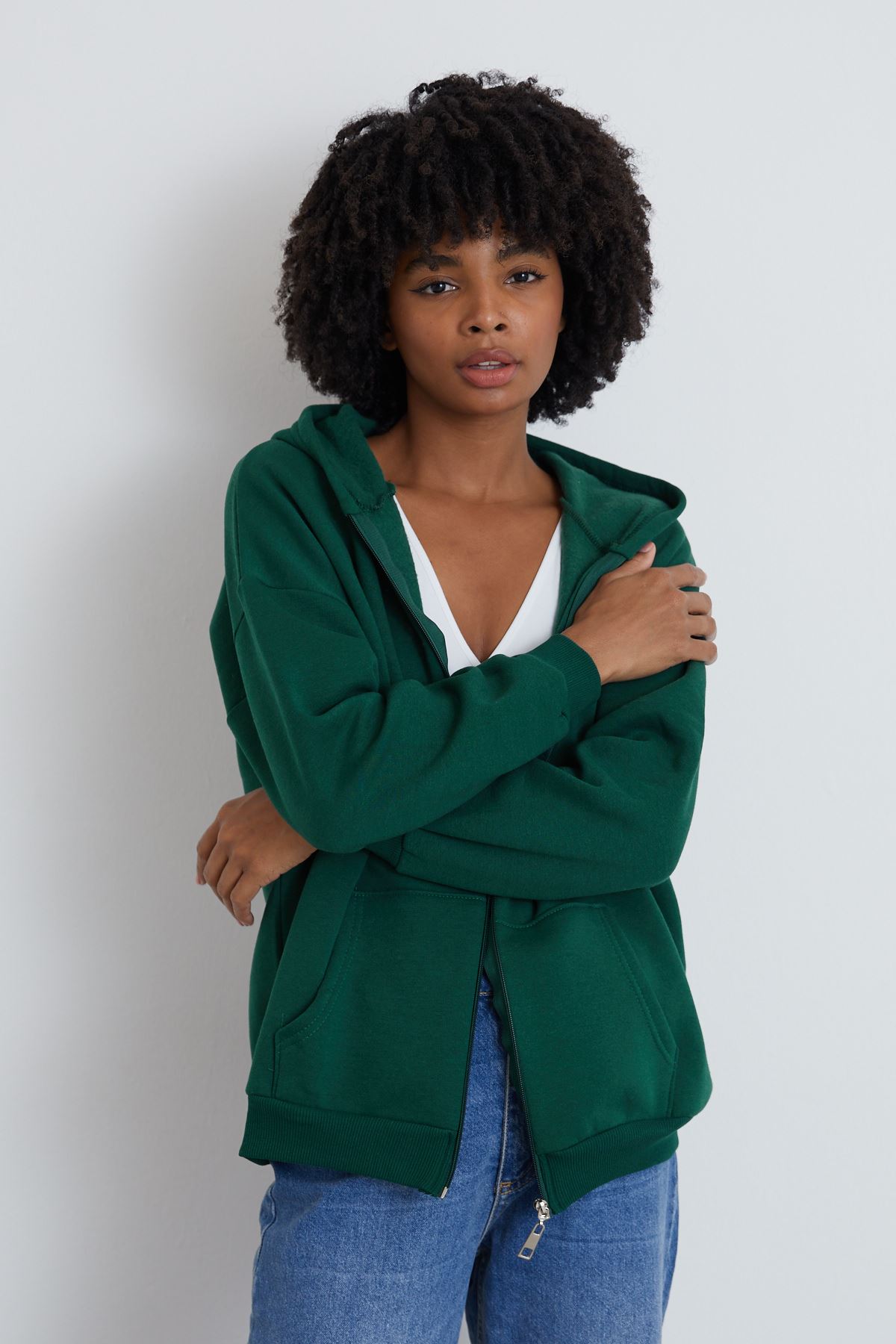Ön Fermuarlı Kapşonlu Sweatshirt Hırka-Zümrüt Yeşil