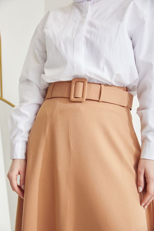 Kemerli Kloş Etek-Karamel