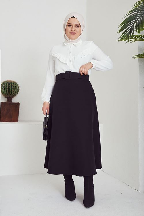 Kemerli Kloş Etek-Siyah