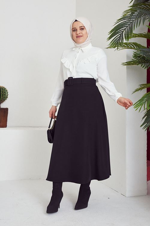 Kemerli Kloş Etek-Siyah