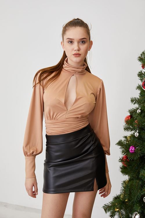 Bel Bağlamalı Bluz-Karamel