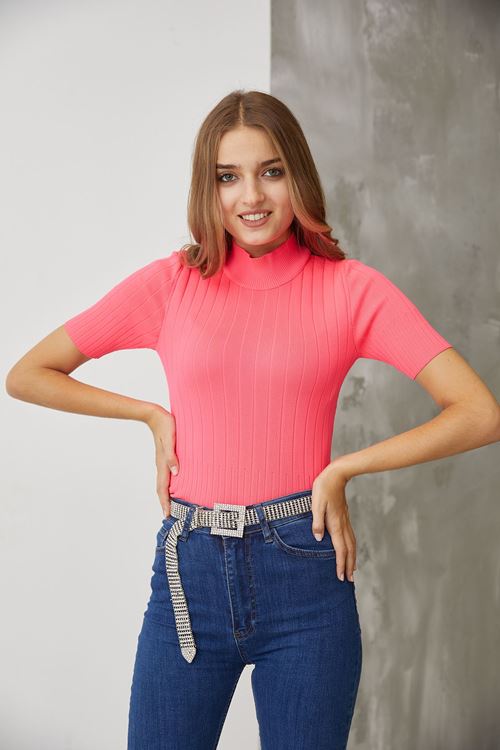 Kısa Kol Triko Bluz-Fuşya