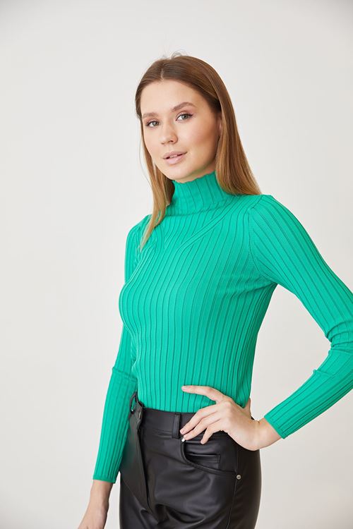 Dik Yaka Triko Bluz-Açık Yeşil