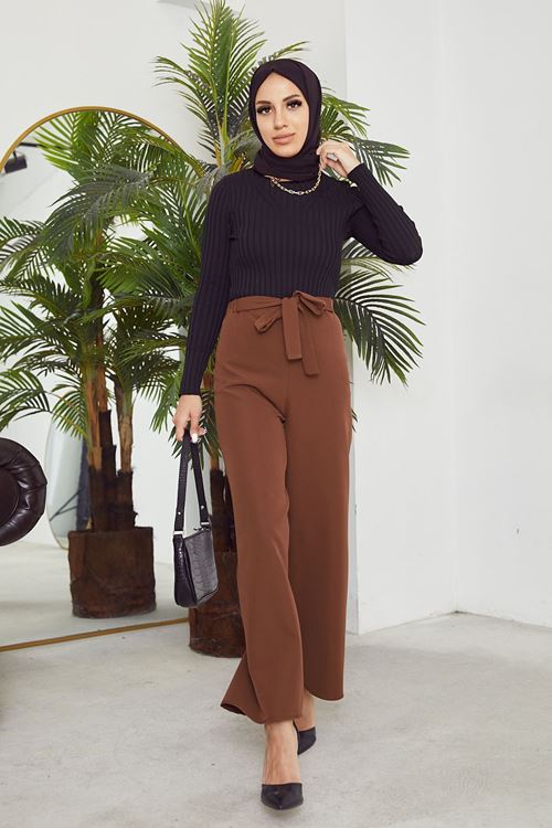 Kadın Beli Lastikli Bağlama Detaylı Geniş Paça Tesettür Pantolon-Kahve