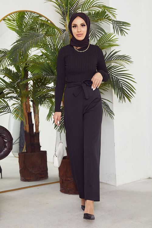 Kadın Beli Lastikli Bağlama Detaylı Geniş Paça Tesettür Pantolon-Siyah