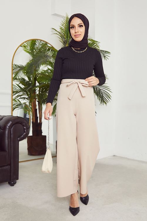 Kadın Beli Lastikli Bağlama Detaylı Geniş Paça Tesettür Pantolon-Taş