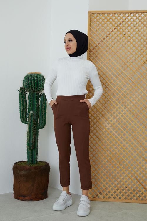 Kadın Duble Paça Tesettür Pantolon-Kahve
