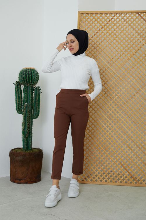 Kadın Duble Paça Tesettür Pantolon-Kahve