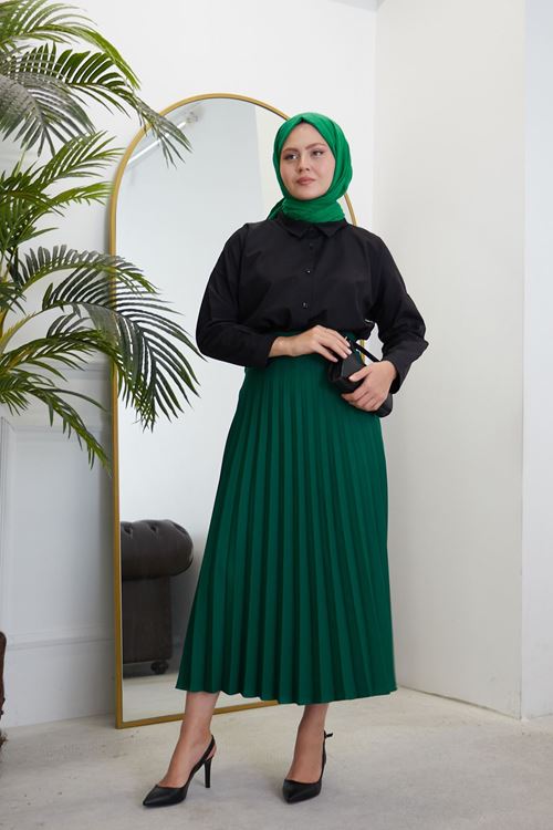 Kadın Soley Pilise Detaylı Yazlık Uzun Tesettür Etek-Zümrüt Yeşili