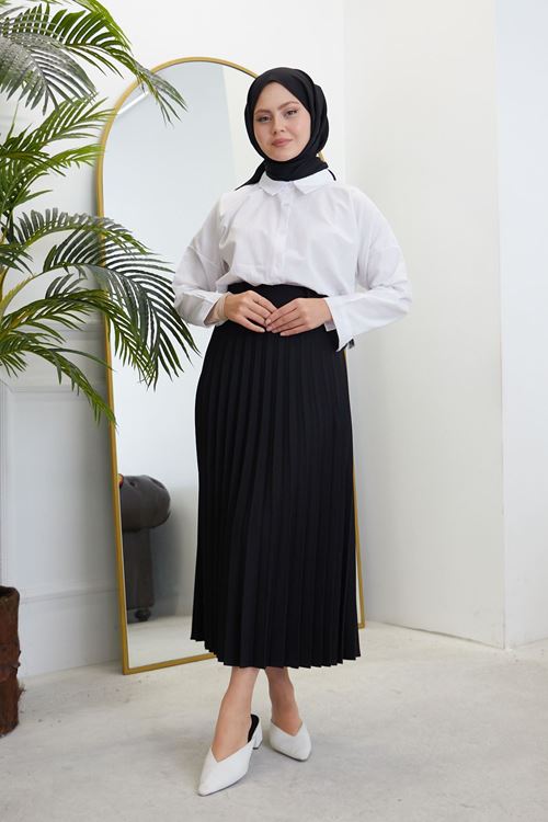 Kadın Soley Pilise Detaylı Yazlık Uzun Tesettür Etek-Siyah