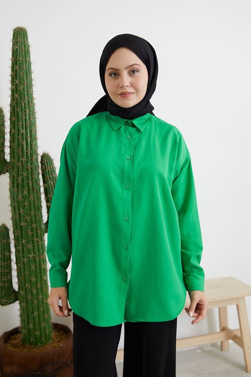 Düğmeli Poplin Gömlek-Yeşil