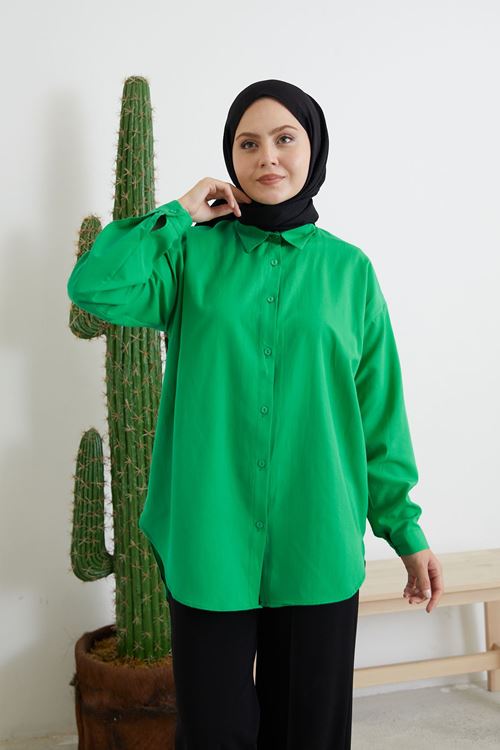 Düğmeli Poplin Gömlek-Yeşil