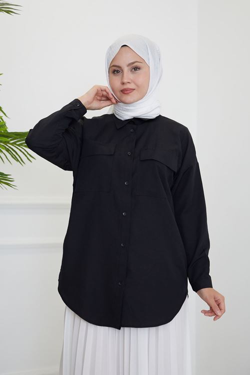 Çift Cep Kapaklı Tunik-Siyah