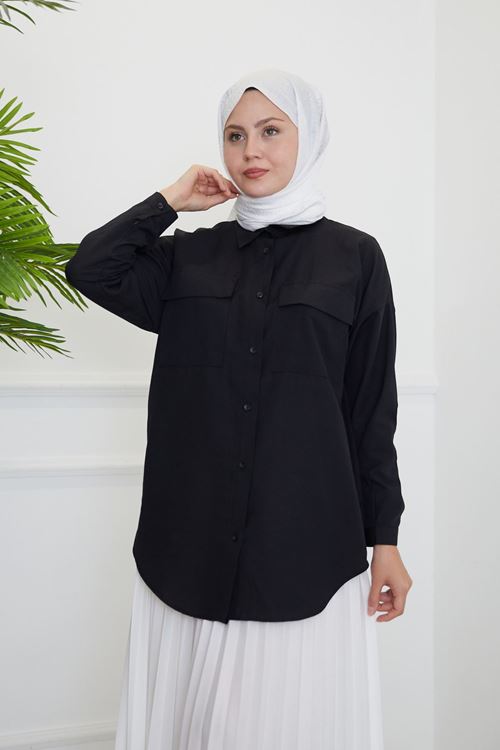 Çift Cep Kapaklı Tunik-Siyah