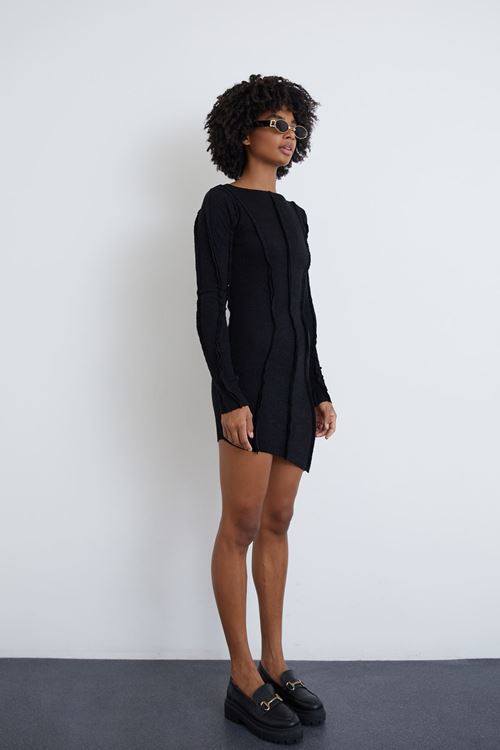 Dikiş Detaylı Mini Triko Elbise-Siyah