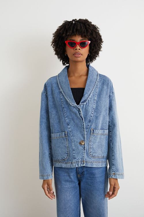 Önü Cepli Yakalı  Kot Ceket-Mavi