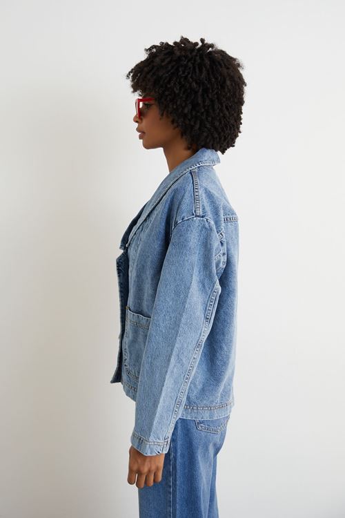 Önü Cepli Yakalı  Kot Ceket-Mavi