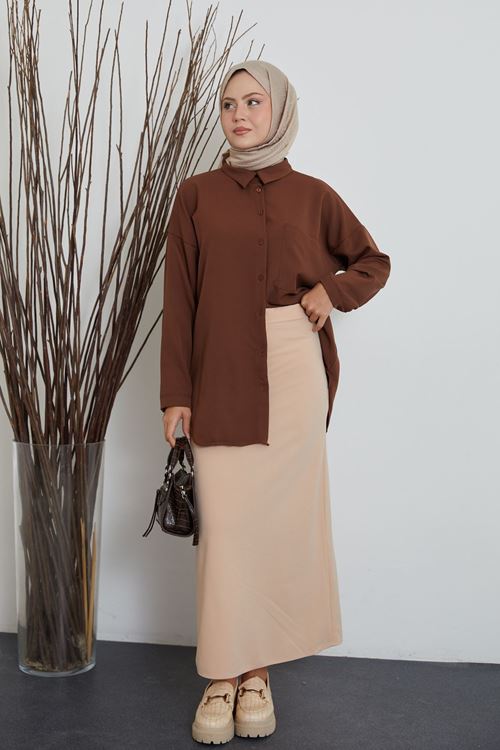 Kadın Fermuarlı Kalem Etek-Bej