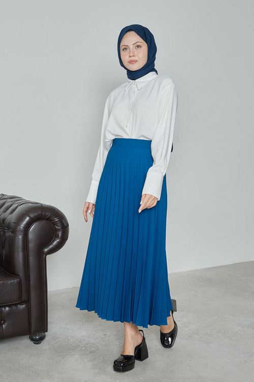 Kadın Soley Pilise Detaylı Yazlık Uzun Tesettür Etek-İndigo