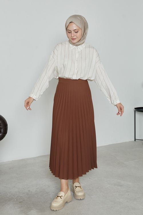 Kadın Soley Pilise Detaylı Yazlık Uzun Tesettür Etek-Kahve