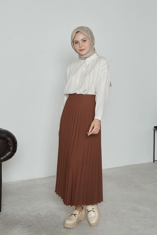 Kadın Soley Pilise Detaylı Yazlık Uzun Tesettür Etek-Kahve