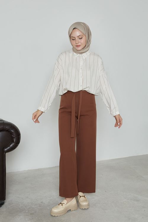 Kadın Beli Lastikli Bağlama Detaylı Geniş Paça Tesettür Pantolon-Kahve