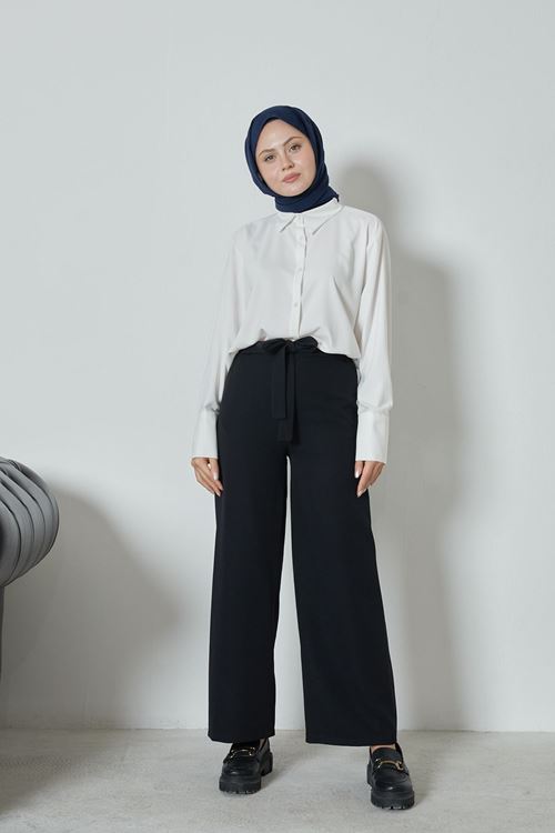Kadın Beli Lastikli Bağlama Detaylı Geniş Paça Tesettür Pantolon-Siyah