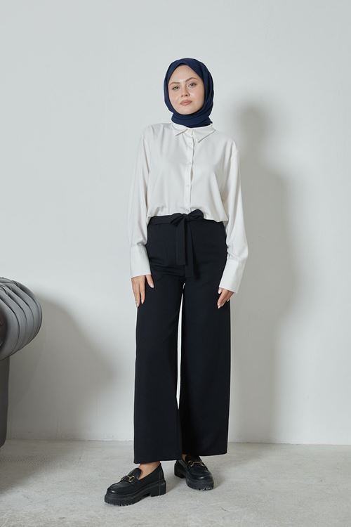 Kadın Beli Lastikli Bağlama Detaylı Geniş Paça Tesettür Pantolon-Siyah