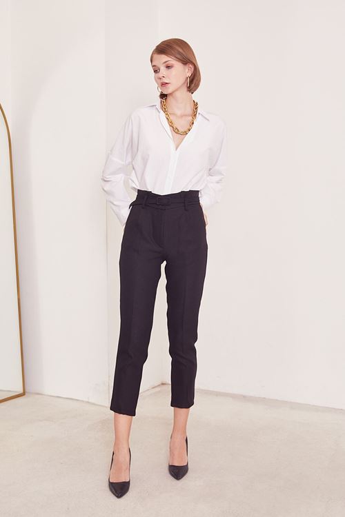 Kemerli Kumaş Pantolon-Siyah