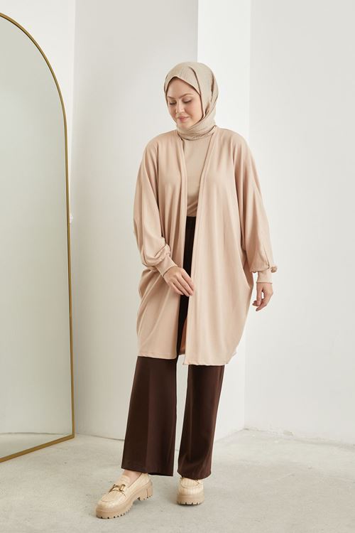 Kadın Yarasa Kol Detaylı Salaş İnce Yazlık Giy Çık Tesettür Hırka-Bej