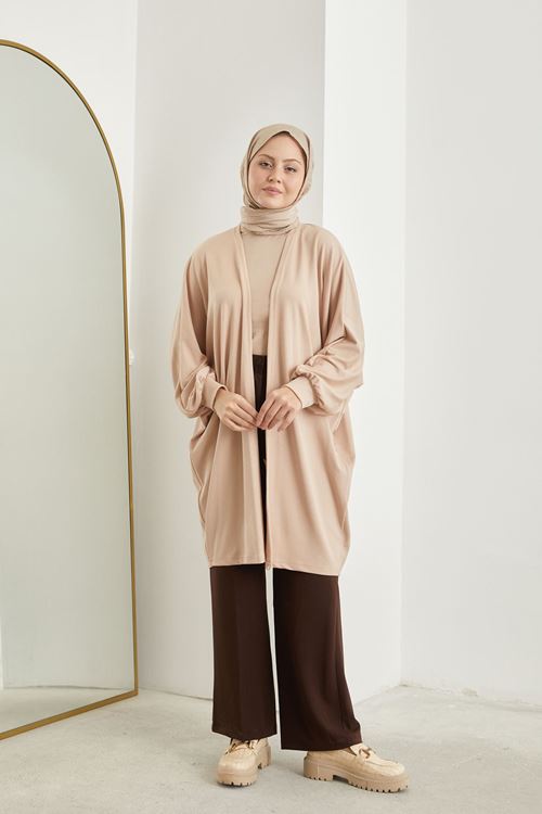 Kadın Yarasa Kol Detaylı Salaş İnce Yazlık Giy Çık Tesettür Hırka-Bej