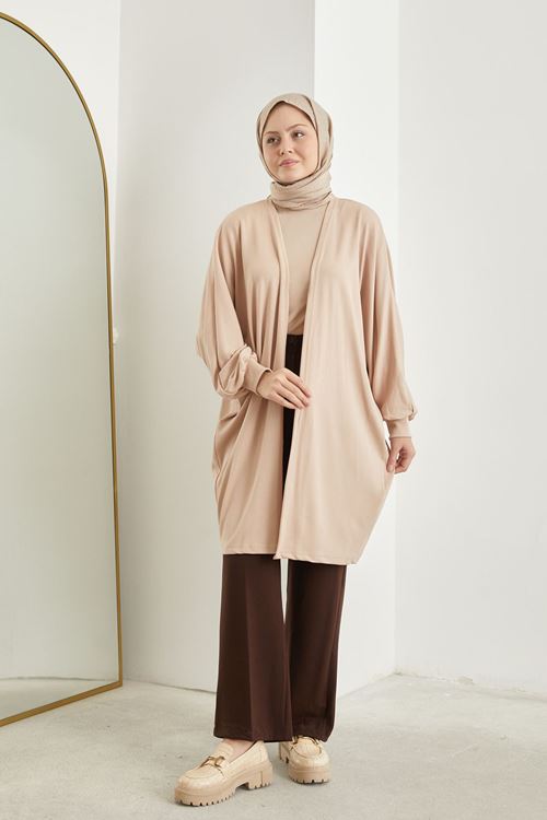 Kadın Yarasa Kol Detaylı Salaş İnce Yazlık Giy Çık Tesettür Hırka-Bej
