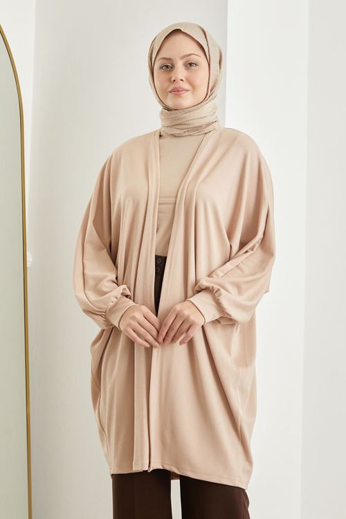 Kadın Yarasa Kol Detaylı Salaş İnce Yazlık Giy Çık Tesettür Hırka-Bej