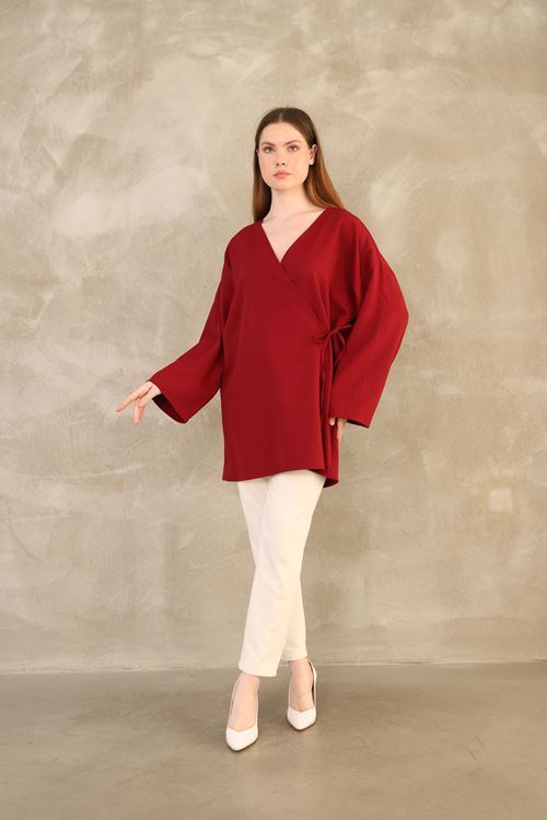 Yan Bağlamalı Atlas Tunik-Bordo