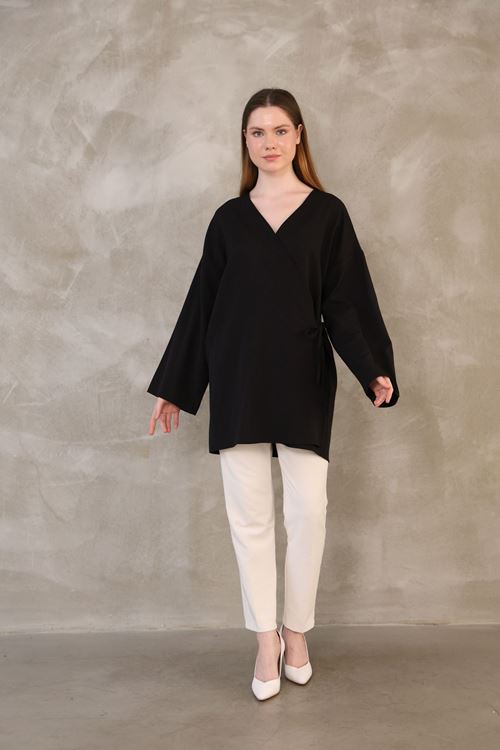 Yan Bağlamalı Atlas Tunik-Siyah